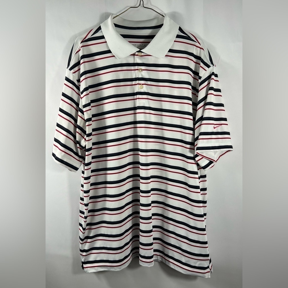 Nike Golf Dri-Fit White Red Black Striped Polo Short Sleeve Shirt XL Q1